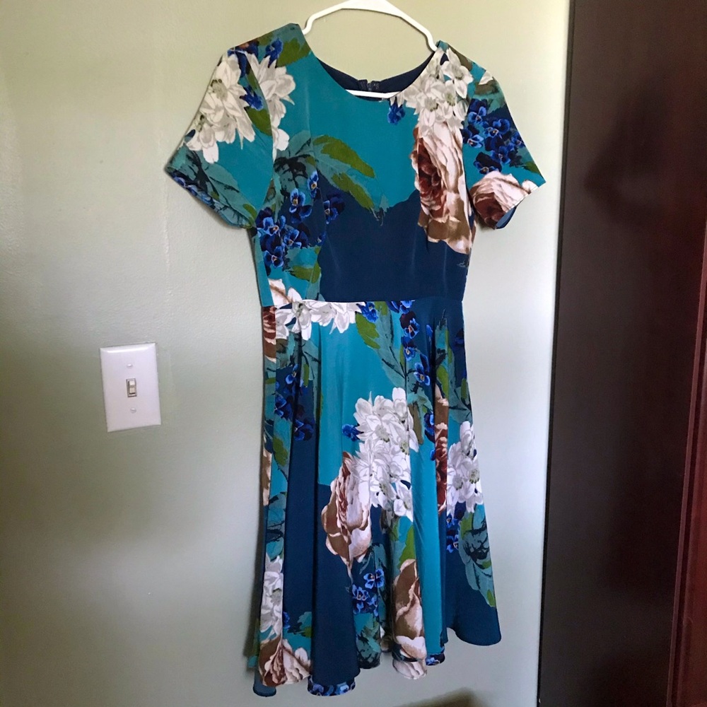 Anthropologie floral rose teal dress short sleeve
